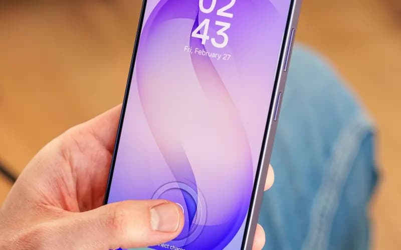 Smartphone lock screen with purple wallpaper showing 02:43 as a hand touches the fingerprint sensor