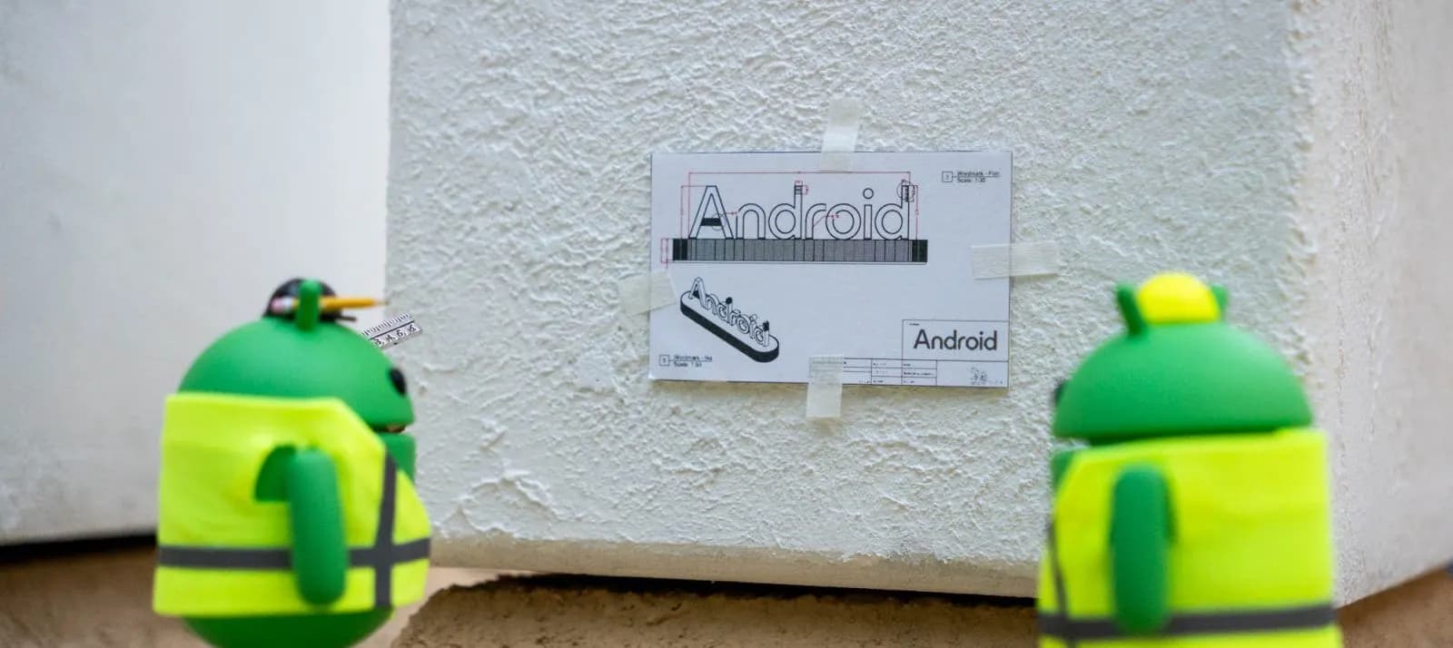 Sarı yelekli iki yeşil Android figürü, beyaz sıvalı duvara asılmış Android logosu teknik çizimini inceliyor.