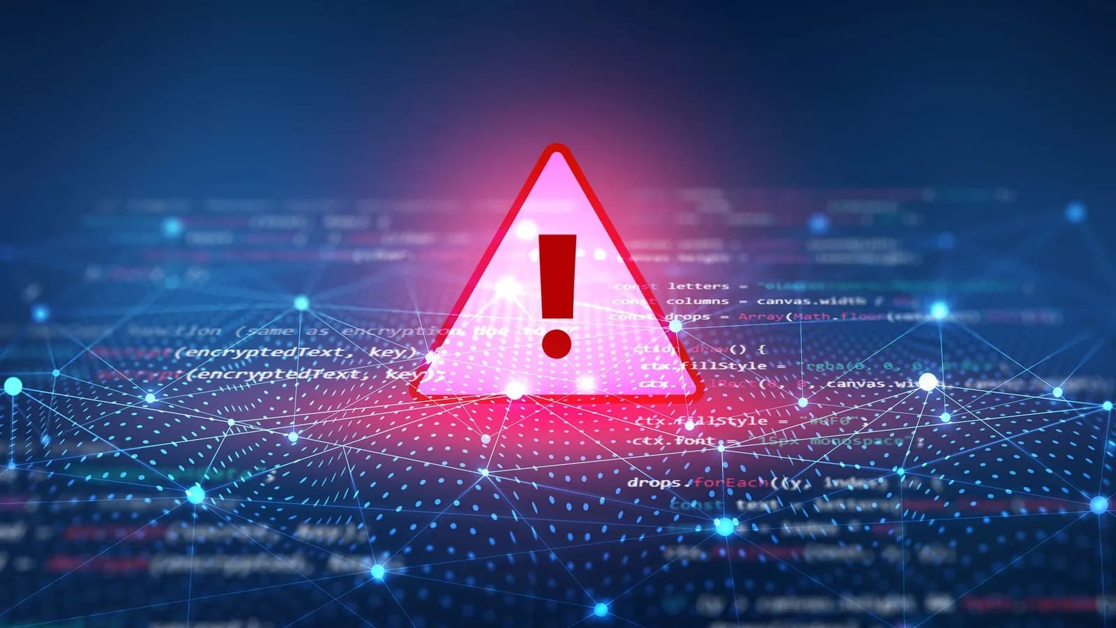 Glowing red-pink warning triangle with exclamation mark over code lines and network connections on a blue digital background