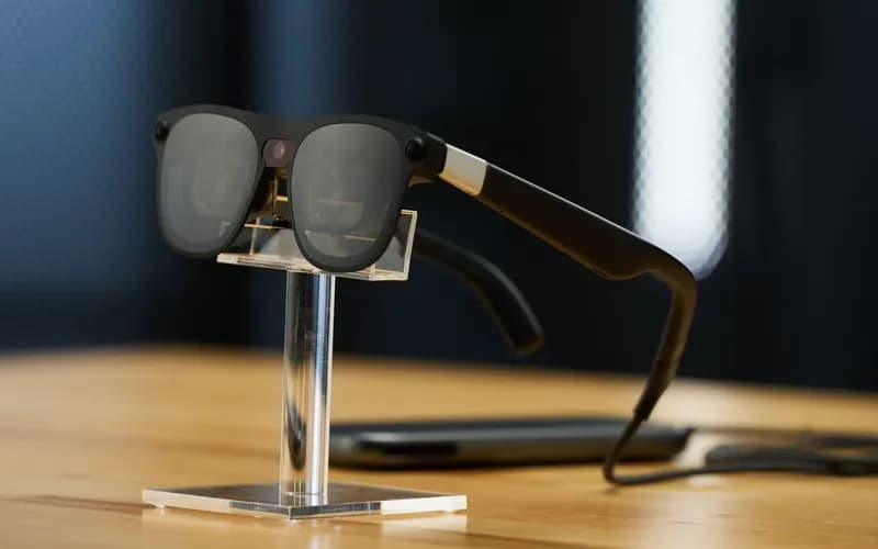 Black smart glasses with a camera on a clear stand on a wooden table, with a phone and cable in the background