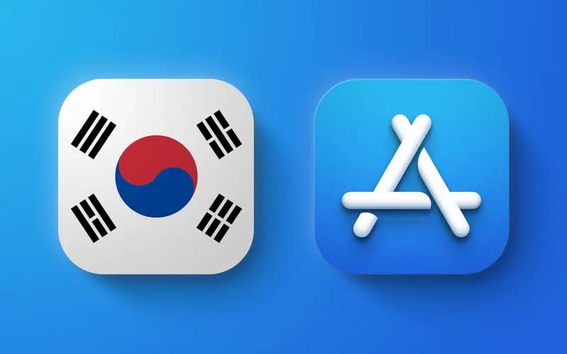 South Korean flag and the Apple App Store icon side by side against a blue background.