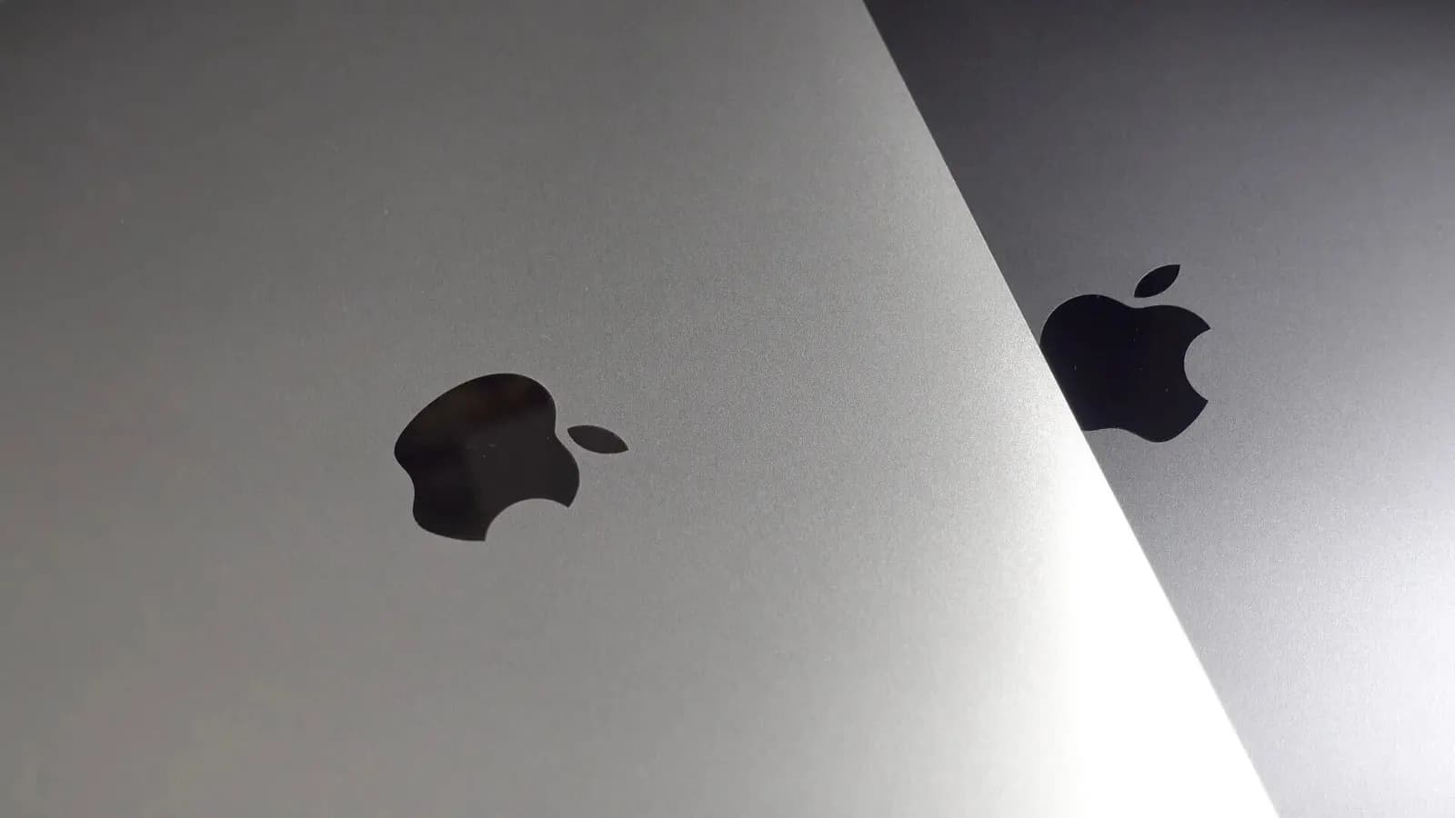 İki Apple cihazının gri metal arka yüzeyinde yan yana duran ısırılmış elma logoları