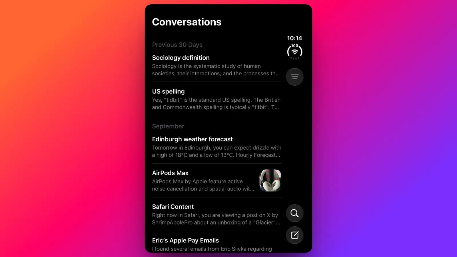 Koyu temalı bir sohbet geçmişi ekranı; Siri konuşmaları tarih başlıkları altında listeleniyor, arka plan turuncu-mor renk geçişli.