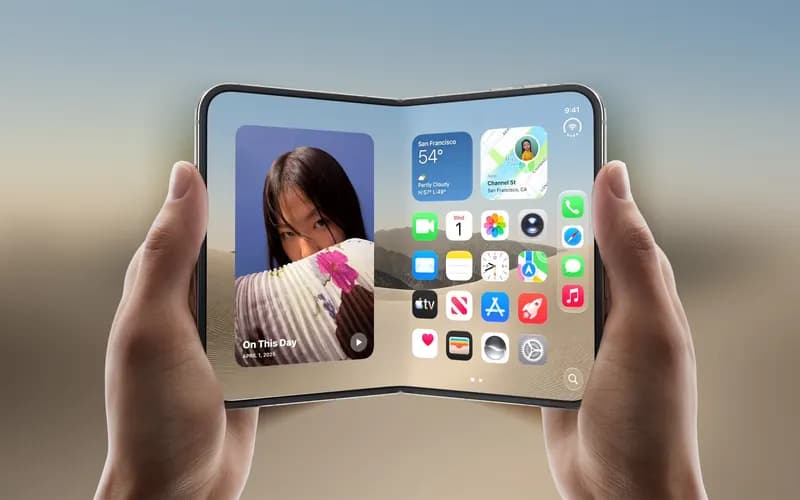 İki elin tuttuğu katlanabilir telefonun ekranında hava durumu, harita, fotoğraf widget'ları ve uygulama simgeleri görünüyor.