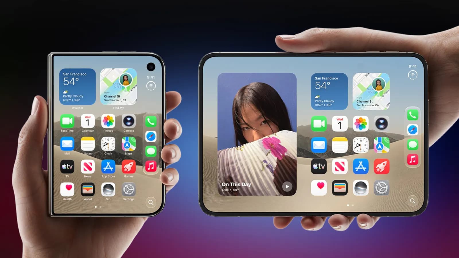 Katlanabilir bir telefonun kapalı ve açık hâli; ana ekranda hava durumu, harita, fotoğraf widget'ları ve uygulama simgeleri görünüyor.
