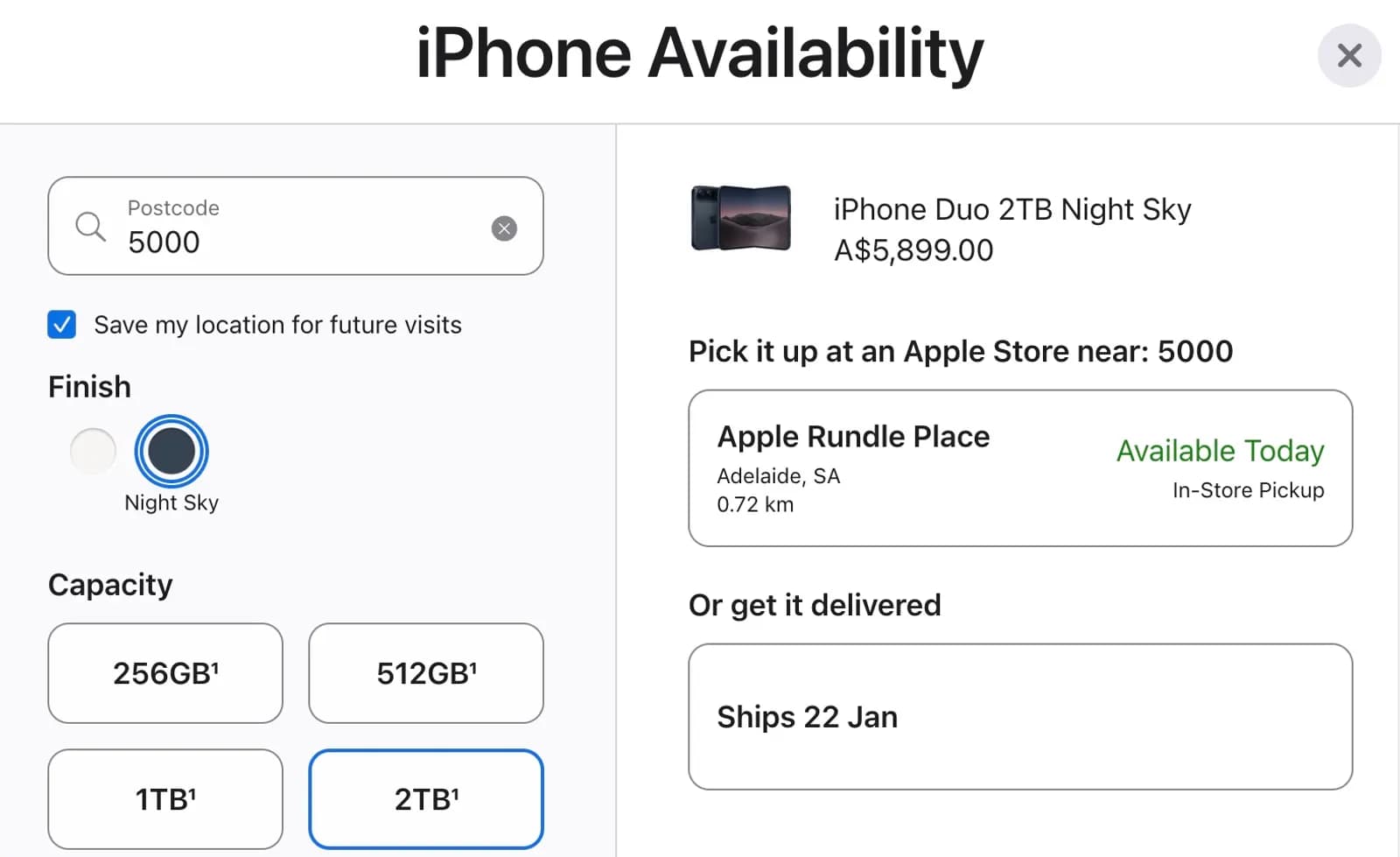 Apple'ın iPhone Duo 2TB Night Sky modeli için stok durumu ekranı; Adelaide'deki mağazada bugün teslim alınabiliyor.