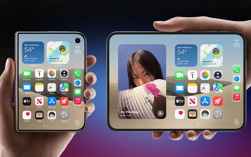 Katlanabilir bir telefonun kapalı ve açık hâli; ana ekranda hava durumu, harita, fotoğraf widget'ları ve uygulama simgeleri görünüyor.
