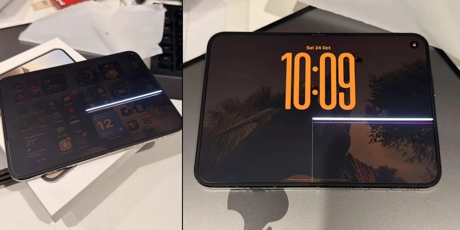 Katlanabilir telefonun ekranında yatay beyaz ve mor çizgiler görünüyor; kilit ekranında saat 10:09 yazıyor.
