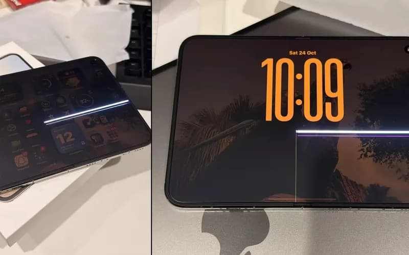 Katlanabilir telefonun ekranında yatay beyaz ve mor çizgiler görünüyor; kilit ekranında saat 10:09 yazıyor.