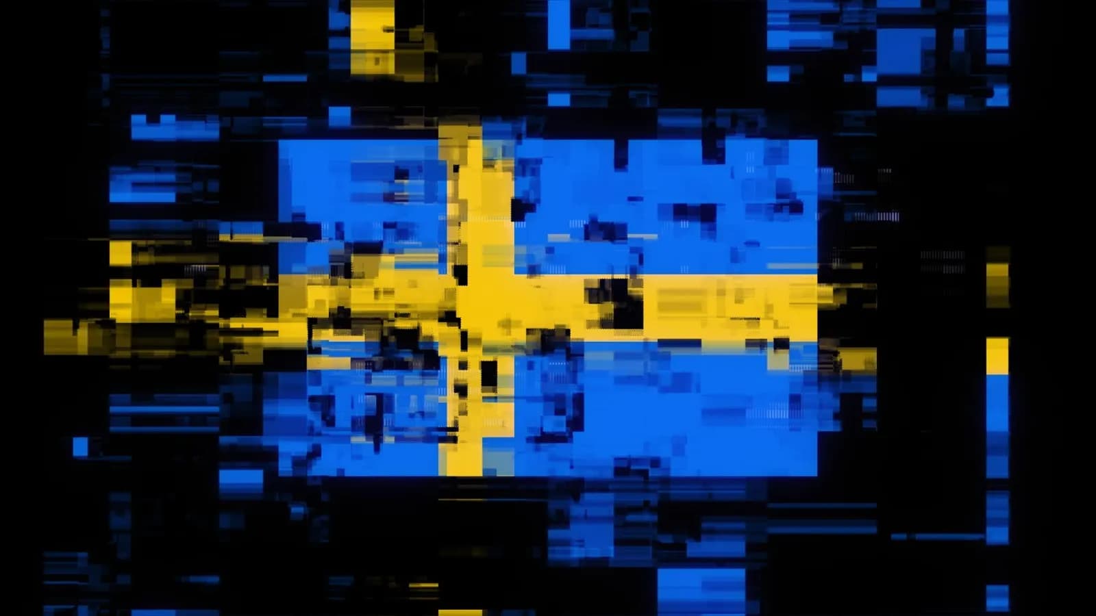 Swedish flag fragmented by a digital glitch effect on a black background, with blue and yellow pixel blocks