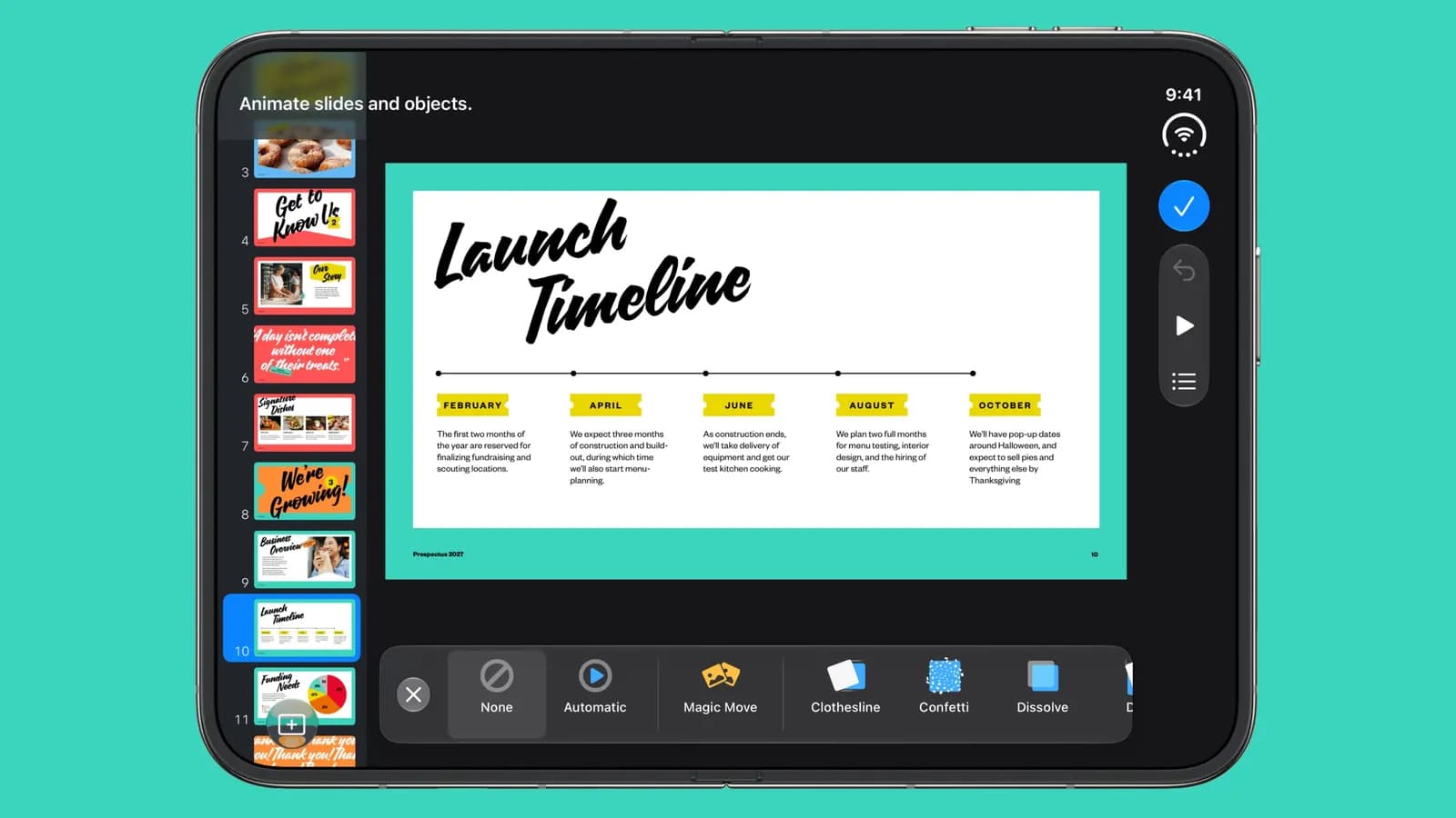 iPad ekranında Keynote'un 'Slaytları ve nesneleri canlandır' ekranı; Launch Timeline slaytı ve geçiş efektleri görünüyor.