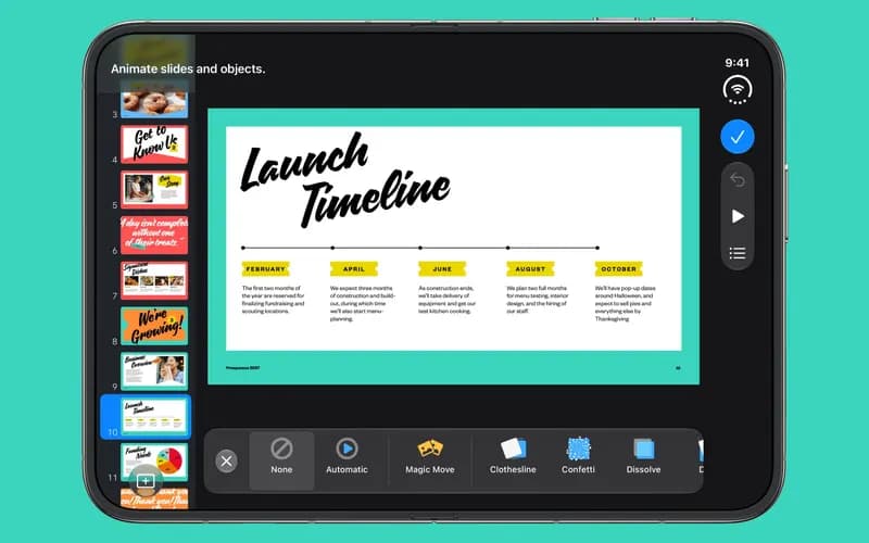 iPad ekranında Keynote'un 'Slaytları ve nesneleri canlandır' ekranı; Launch Timeline slaytı ve geçiş efektleri görünüyor.