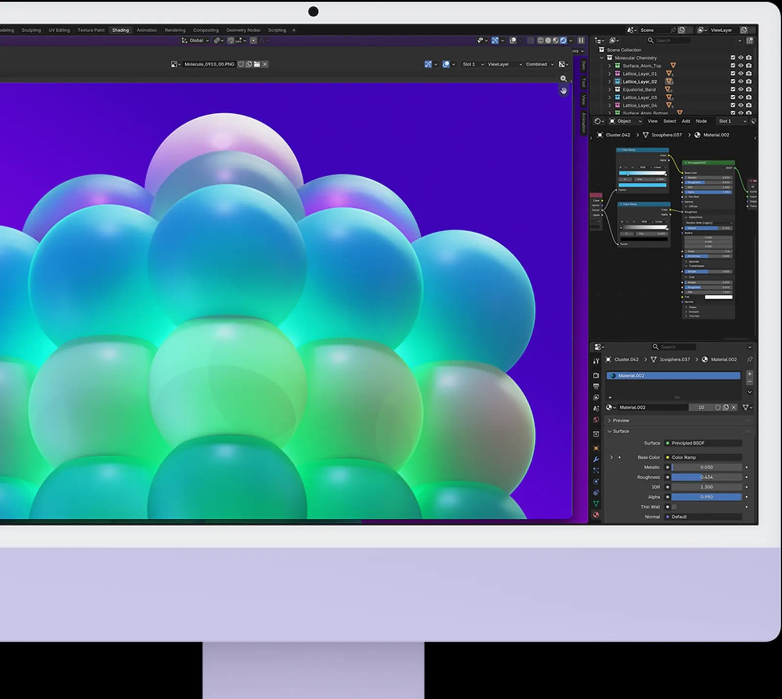 Mor renkli iMac ekranında 3D yazılımında açık, parlak mavi-yeşil küre kümesi modeli ve malzeme düğümü ayarları
