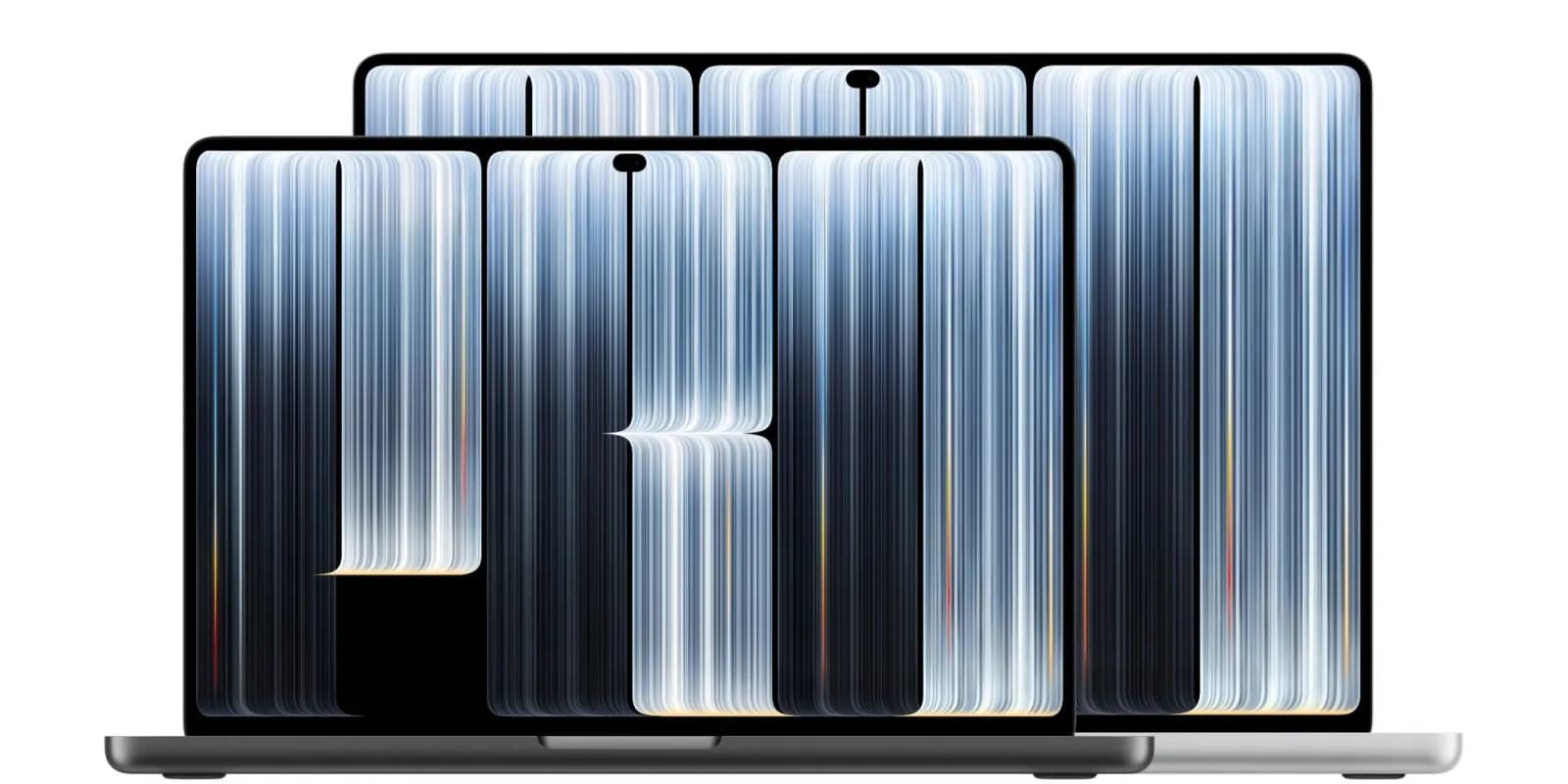 Two laptops side by side, their screens showing an abstract wallpaper of vertical blue, white and black stripes.