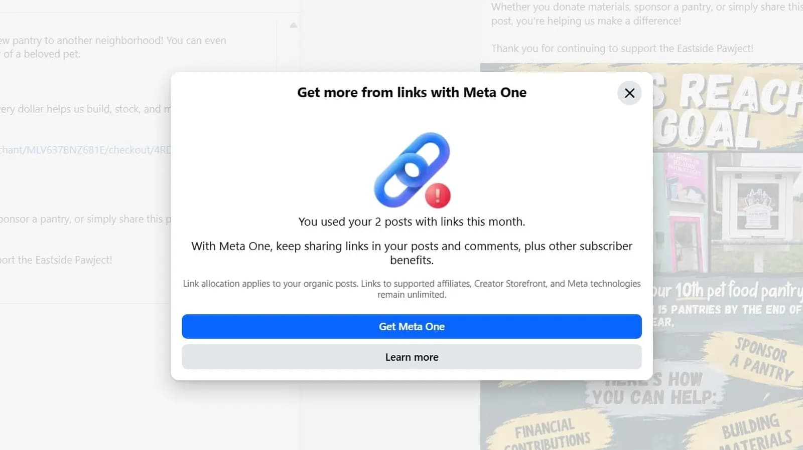 Facebook'ta 'Meta One ile bağlantılardan daha fazlasını edinin' başlıklı, aylık bağlantı limitinin dolduğunu bildiren açılır pencere