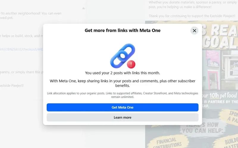 Facebook'ta 'Meta One ile bağlantılardan daha fazlasını edinin' başlıklı, aylık bağlantı limitinin dolduğunu bildiren açılır pencere
