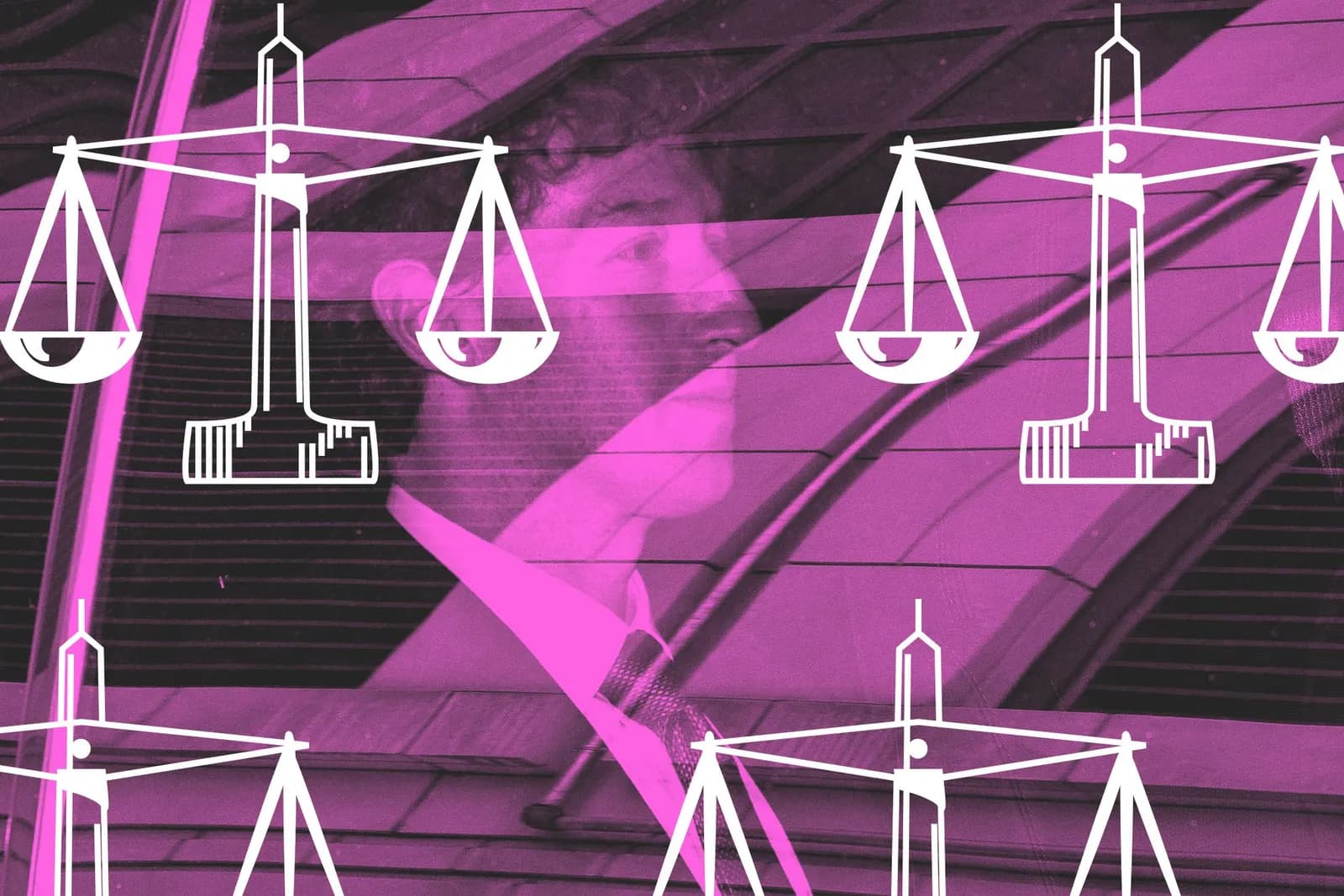 Curly-haired man in a tie looks out a car window, overlaid with pink tint and white scales of justice drawings