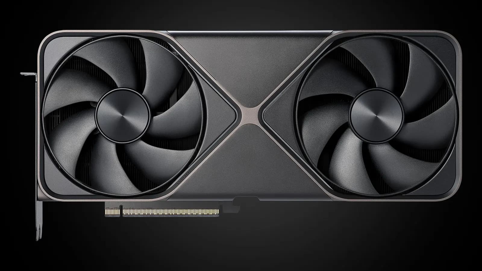 Front view of a graphics card with two large fans and a gray metal body against a black background
