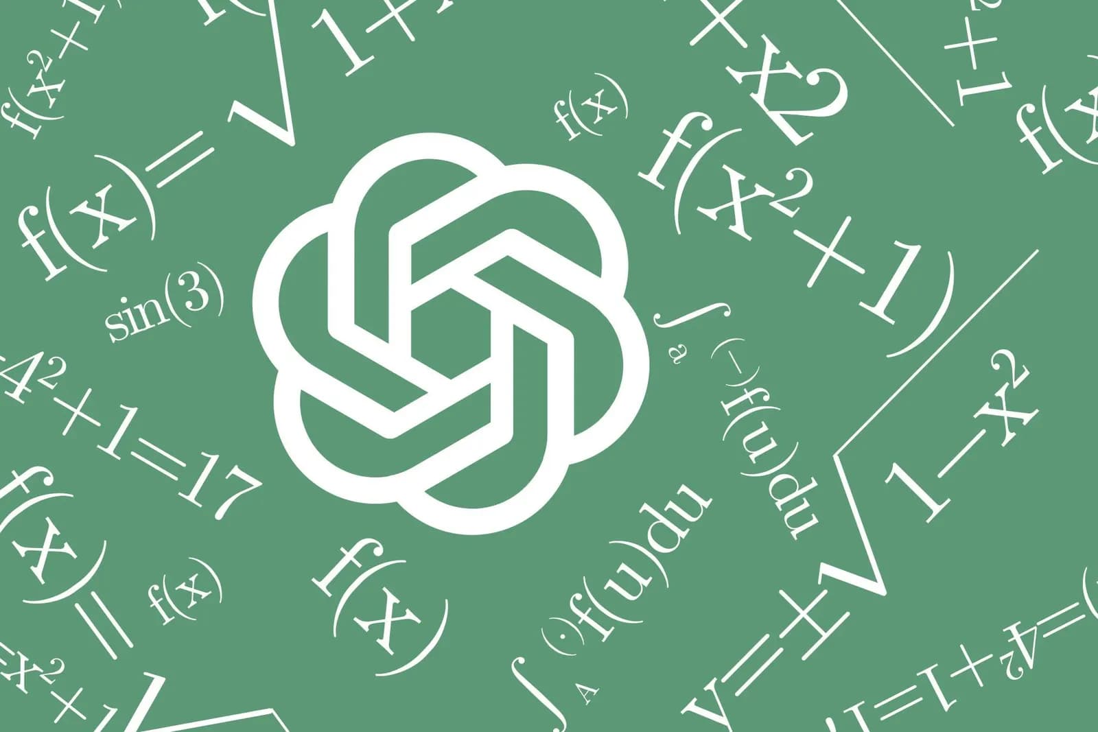 White interlocking hexagonal OpenAI logo on a green background, surrounded by math formulas and integral expressions