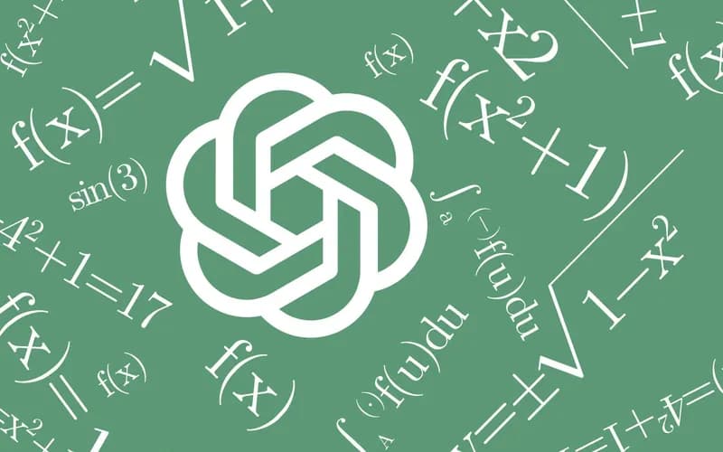 White interlocking hexagonal OpenAI logo on a green background, surrounded by math formulas and integral expressions