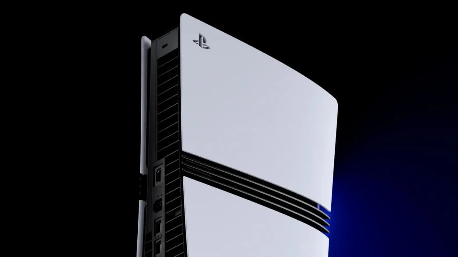 White and black PlayStation 5 Slim console standing upright against a black background, with the PlayStation logo on top
