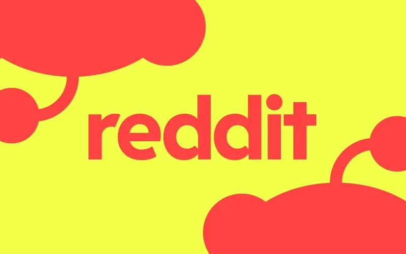 Red 'reddit' lettering on a yellow background, with red silhouettes of Snoo, the Reddit mascot, in the corners