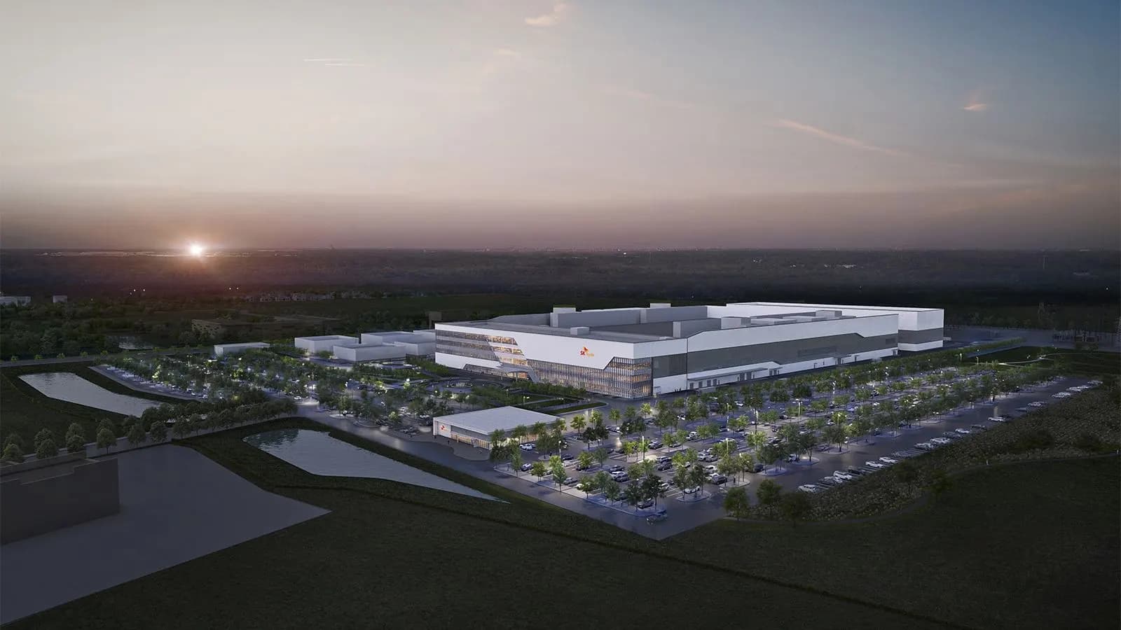 Alacakaranlıkta, otoparklar, ağaçlar ve göletlerle çevrili büyük bir sanayi tesisinin havadan 3D tasarım görüntüsü