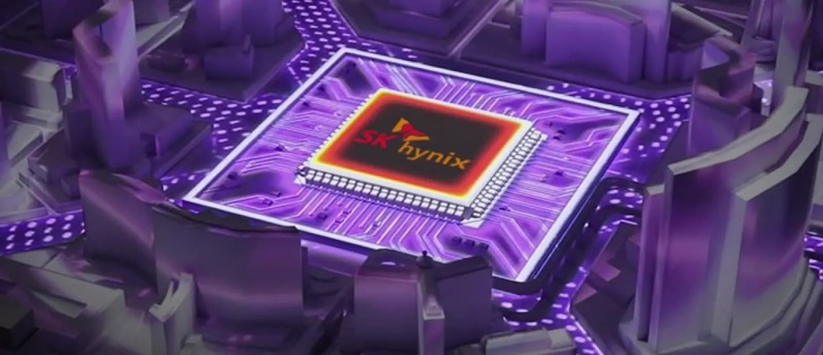 3D rendering of a processor chip with the SK hynix logo at the center of a futuristic city model lit in purple