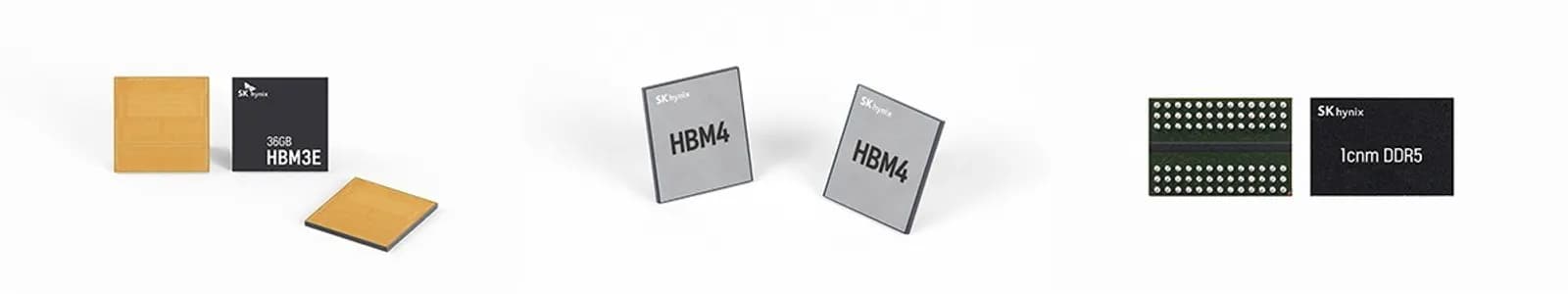 SK hynix HBM3E, HBM4, and 1cnm DDR5 memory chips displayed side by side