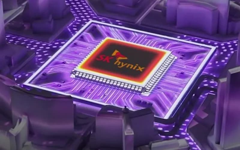 3D rendering of a processor chip with the SK hynix logo at the center of a futuristic city model lit in purple