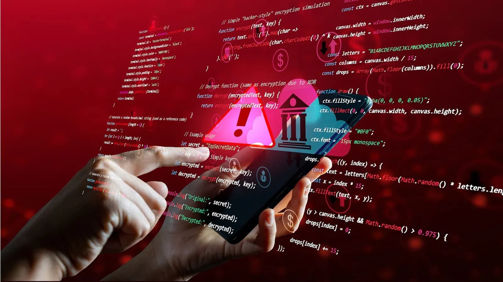 Hands holding a smartphone surrounded by a warning symbol, bank icon, and encryption code on a red background