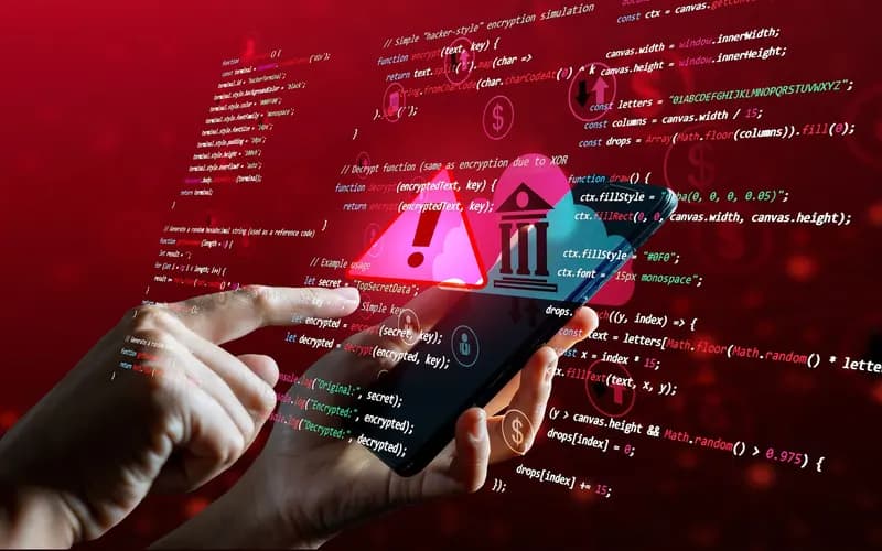 Akıllı telefonu tutan eller, çevresinde uyarı simgesi, banka ikonu ve kırmızı arka planda şifreleme kodları