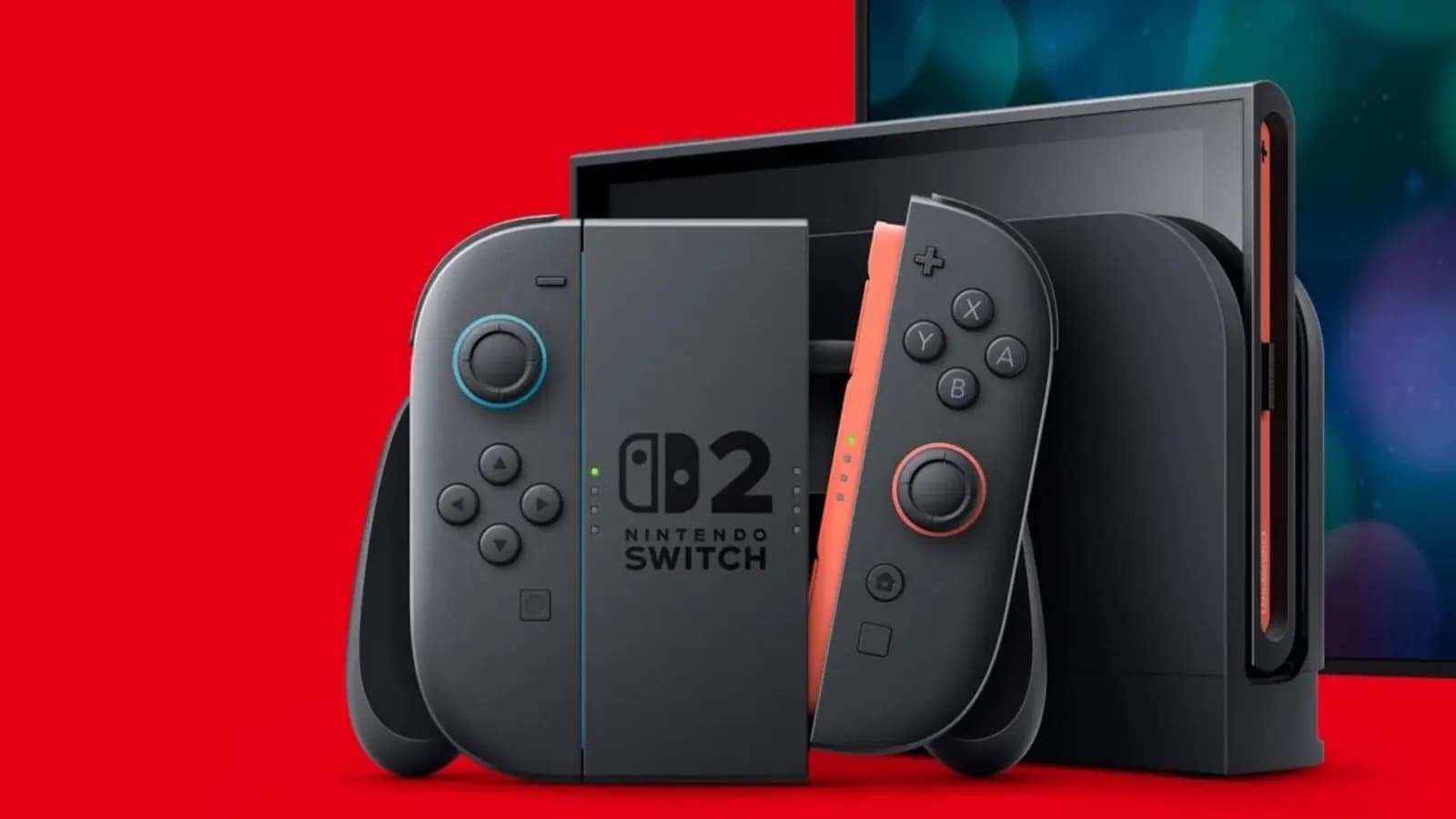 Kırmızı arka planda Nintendo Switch 2 konsolu, gri ve turuncu Joy-Con kontrolcüler ile yanında yerleştirme istasyonu