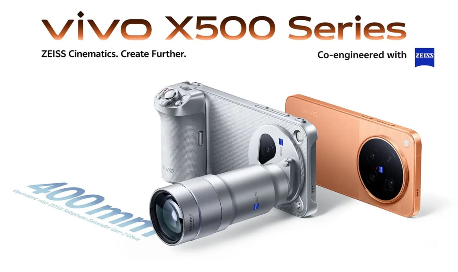 vivo X500 serisi telefon ve 400mm ZEISS telefoto lensli kamera aksesuarı tanıtım görseli