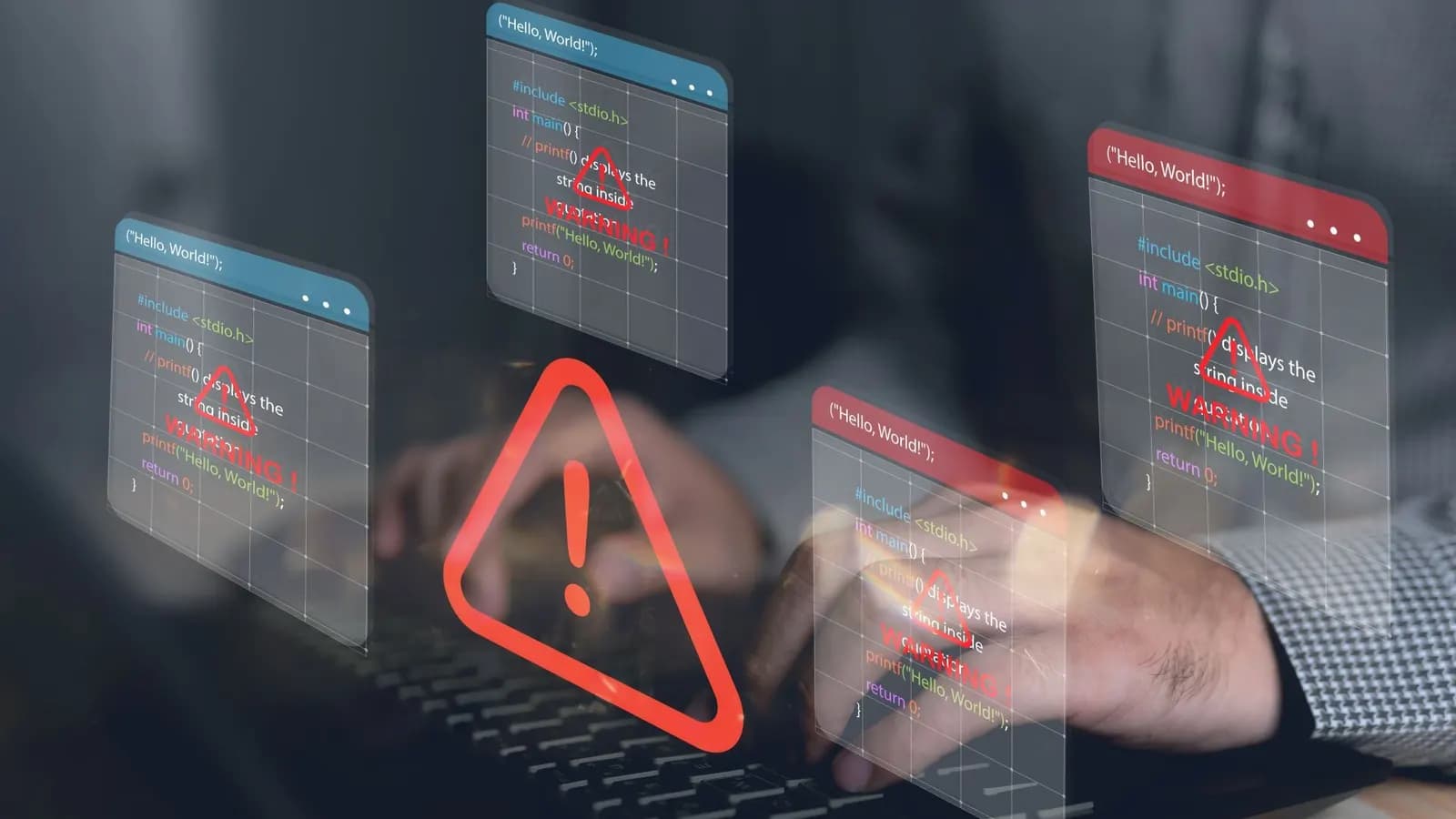Person typing on a keyboard with translucent screens overhead showing code and red warning icons