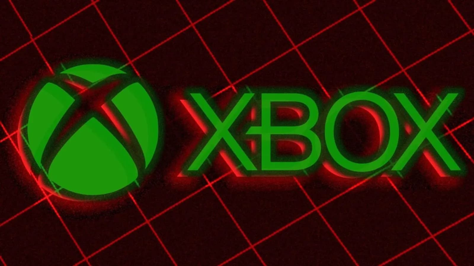 Glowing green Xbox logo and text on a dark red grid-patterned background