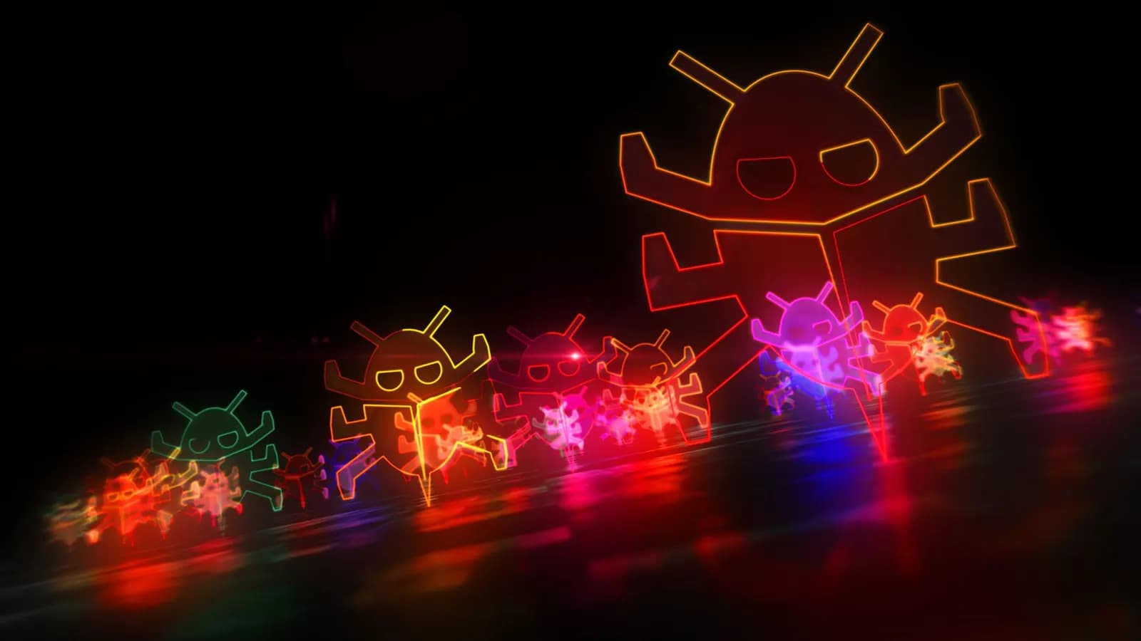 Glowing neon bug icons on a dark background, a 3D illustration representing cybersecurity and software bugs