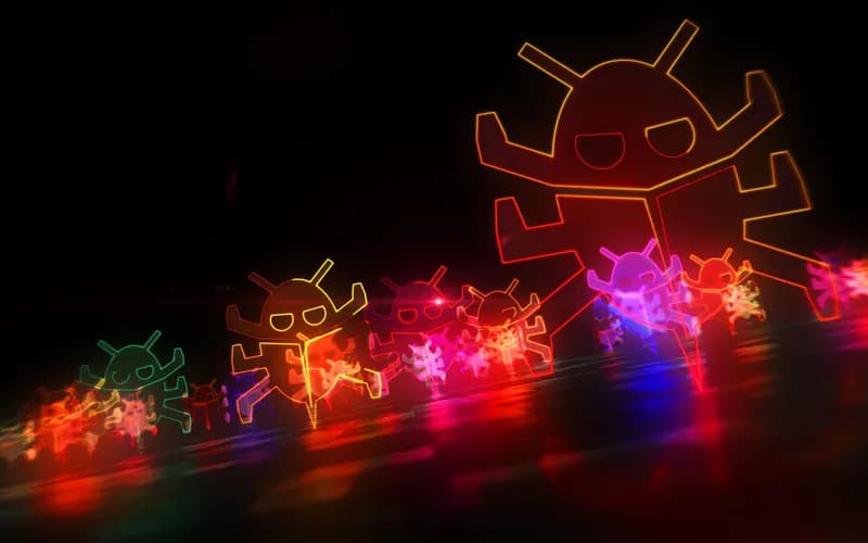 Glowing neon bug icons on a dark background, a 3D illustration representing cybersecurity and software bugs
